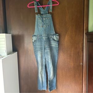 Cropped straight leg denim overalls